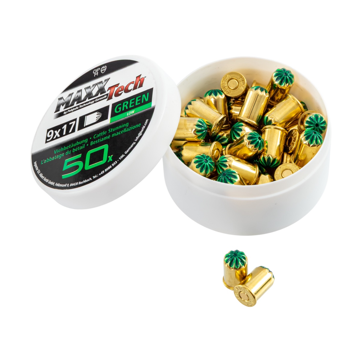 Zöld töltény taglópisztolyhoz, kis méretű állatok számára. 9 × 17 mm, MaxxTech, 50 db