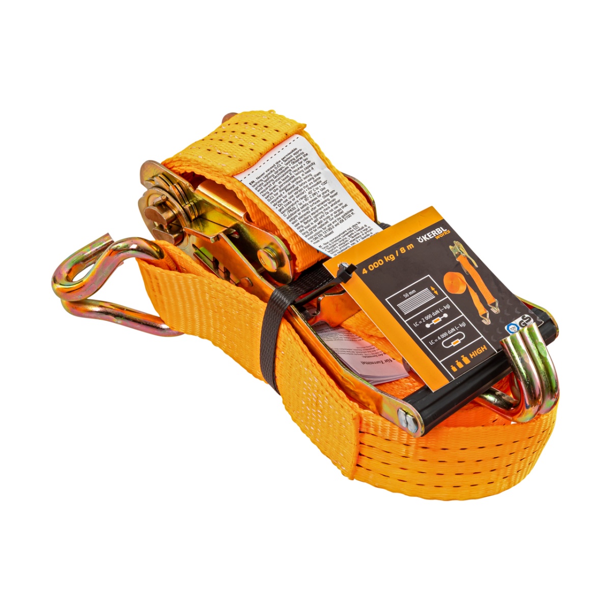 Racsnis rögzítőheveder, narancssárga, 4000 kg, 50 mm × 8 m