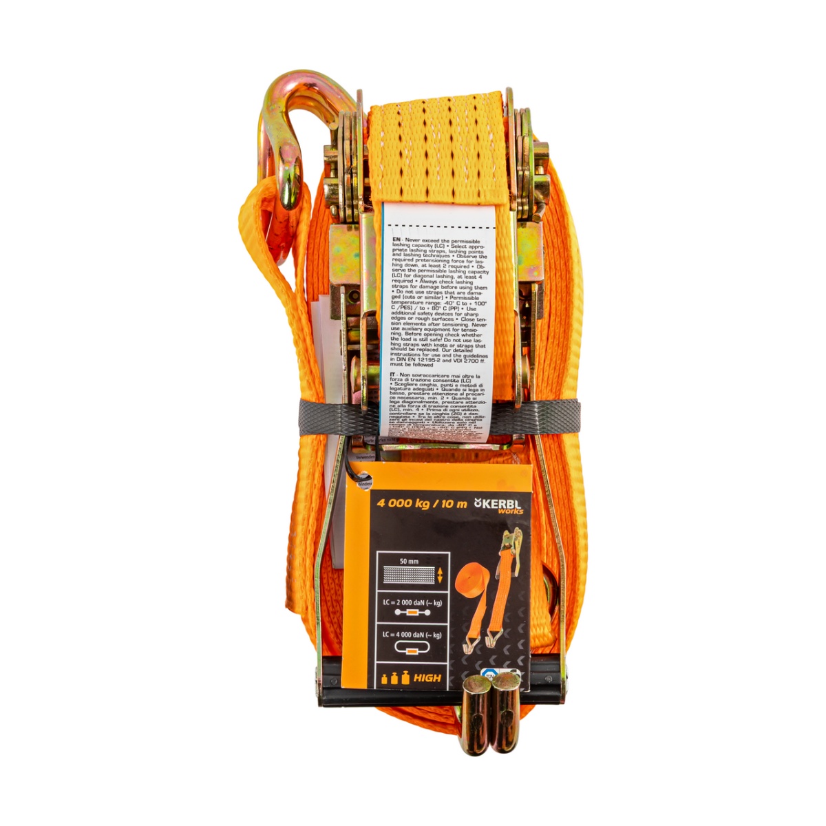 Racsnis rögzítőheveder, narancssárga, 4000 kg, 50 mm × 10 m