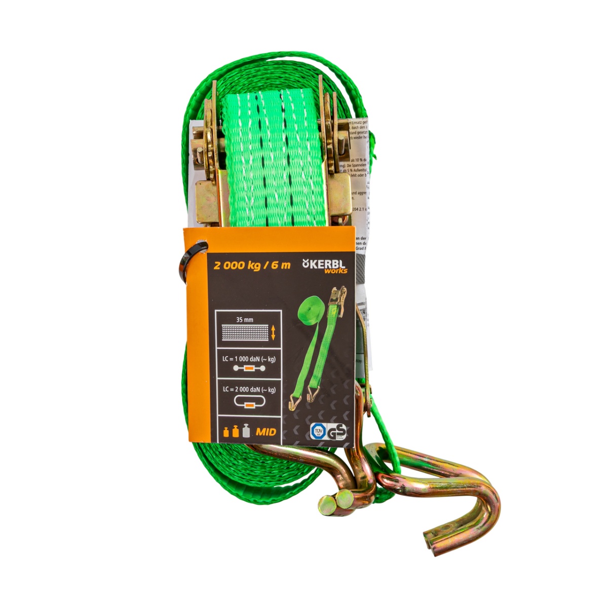 Racsnis rögzítőheveder, zöld, 2000 kg, 35 mm × 6 m