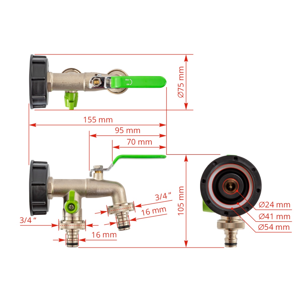 IBC tartálycsap, 3/4", 2 kimenettel