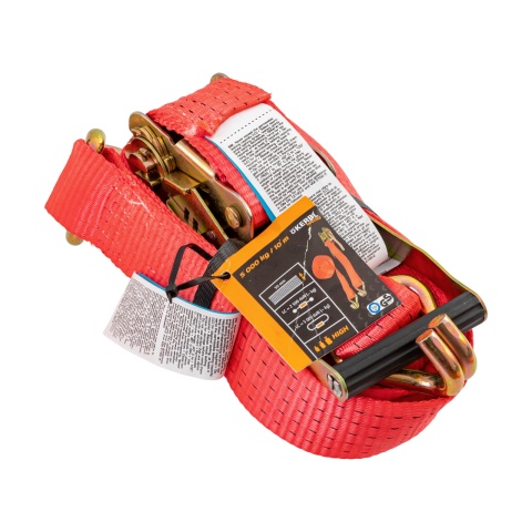 Racsnis rögzítőheveder, piros, 5000 kg, 50 mm × 10 m