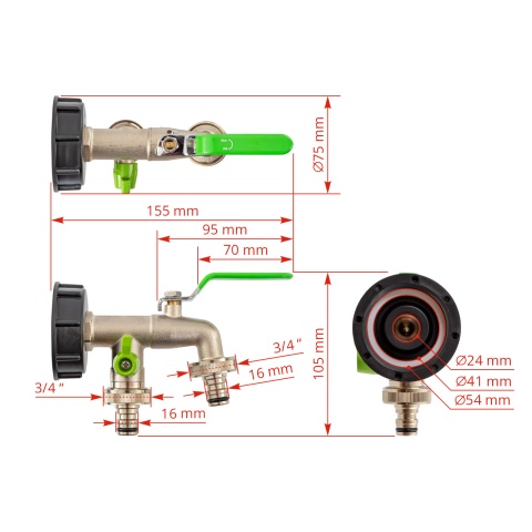 IBC tartálycsap, 3/4", 2 kimenettel