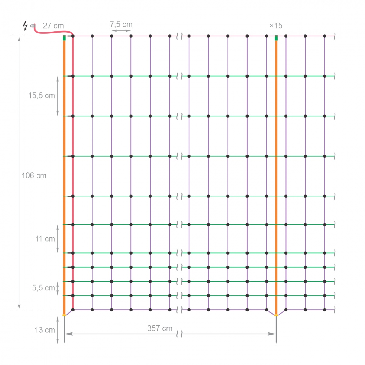 Villanypásztor háló házi szárnyasoknak, 50 m × 106 cm