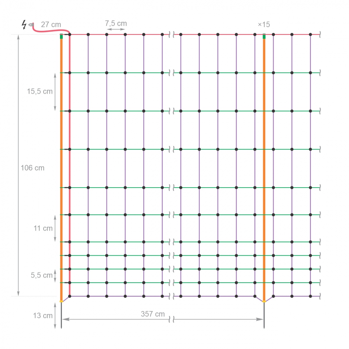 Villanypásztor háló házi szárnyasoknak, 50 m × 106 cm