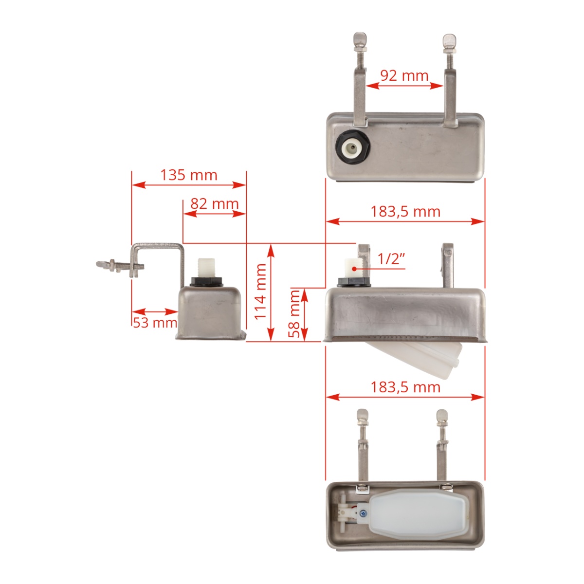 Úszószelep rozsdamentes acél burkolatban, 1/2"