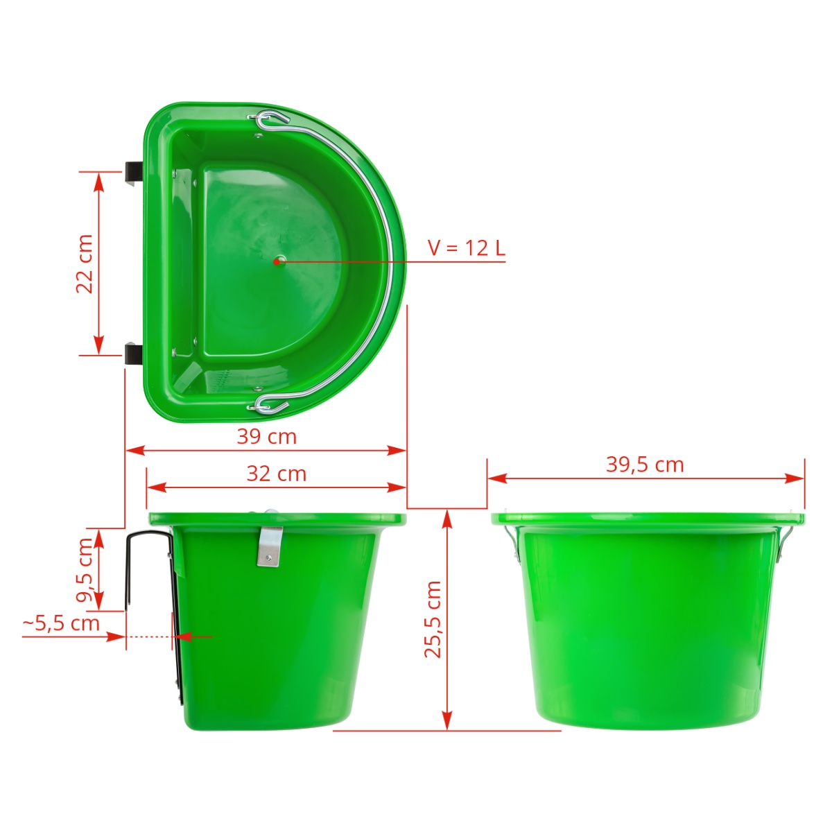 Etetővödör lovaknak, fémrögzítővel és füllel, zöld, 12 literes