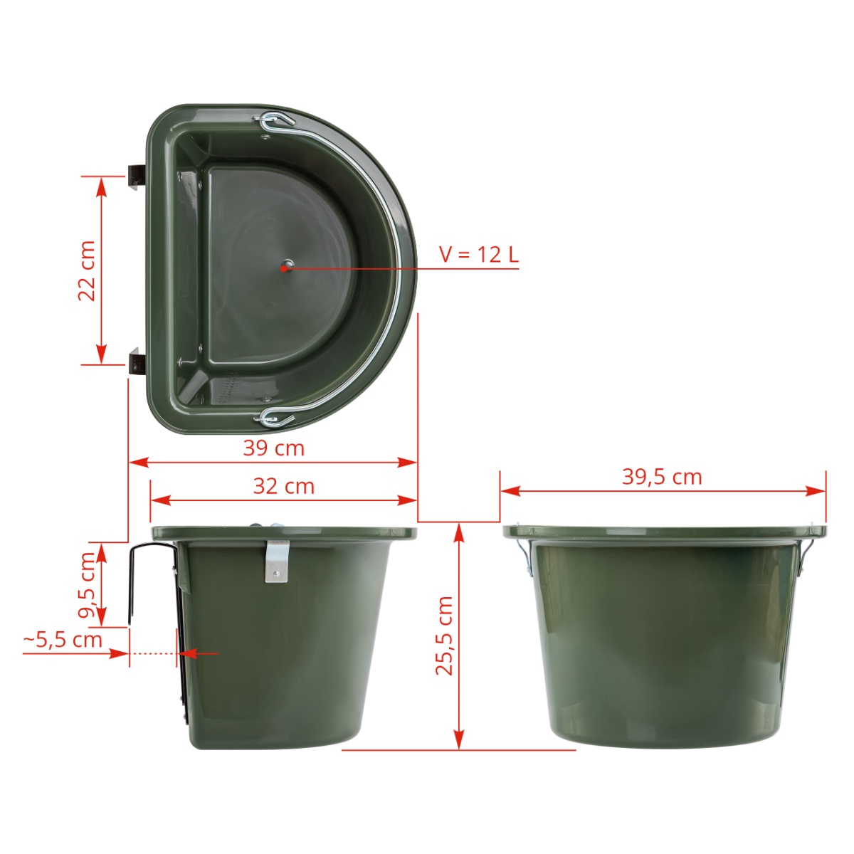 Etetővödör lovaknak, fémrögzítővel és füllel, sötétzöld, 12 literes