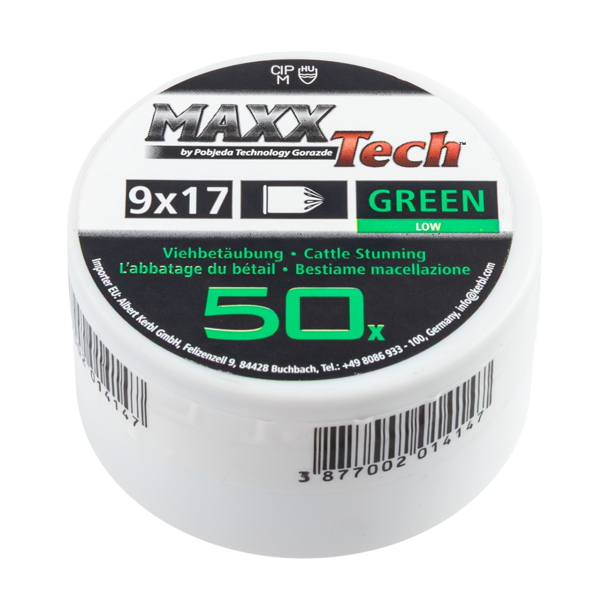 Zöld töltény taglópisztolyhoz, kis méretű állatok számára. 9 × 17 mm, MaxxTech, 50 db