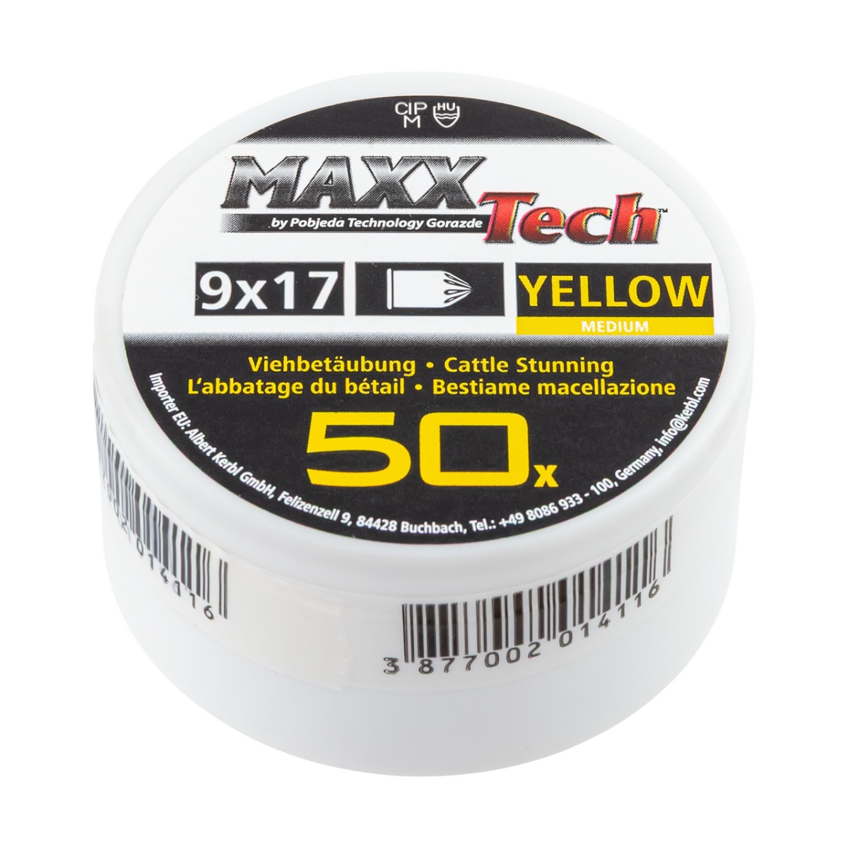 Sárga töltény taglópisztolyhoz, közepes méretű állatok számára. 9 × 17 mm, MaxxTech, 50 db