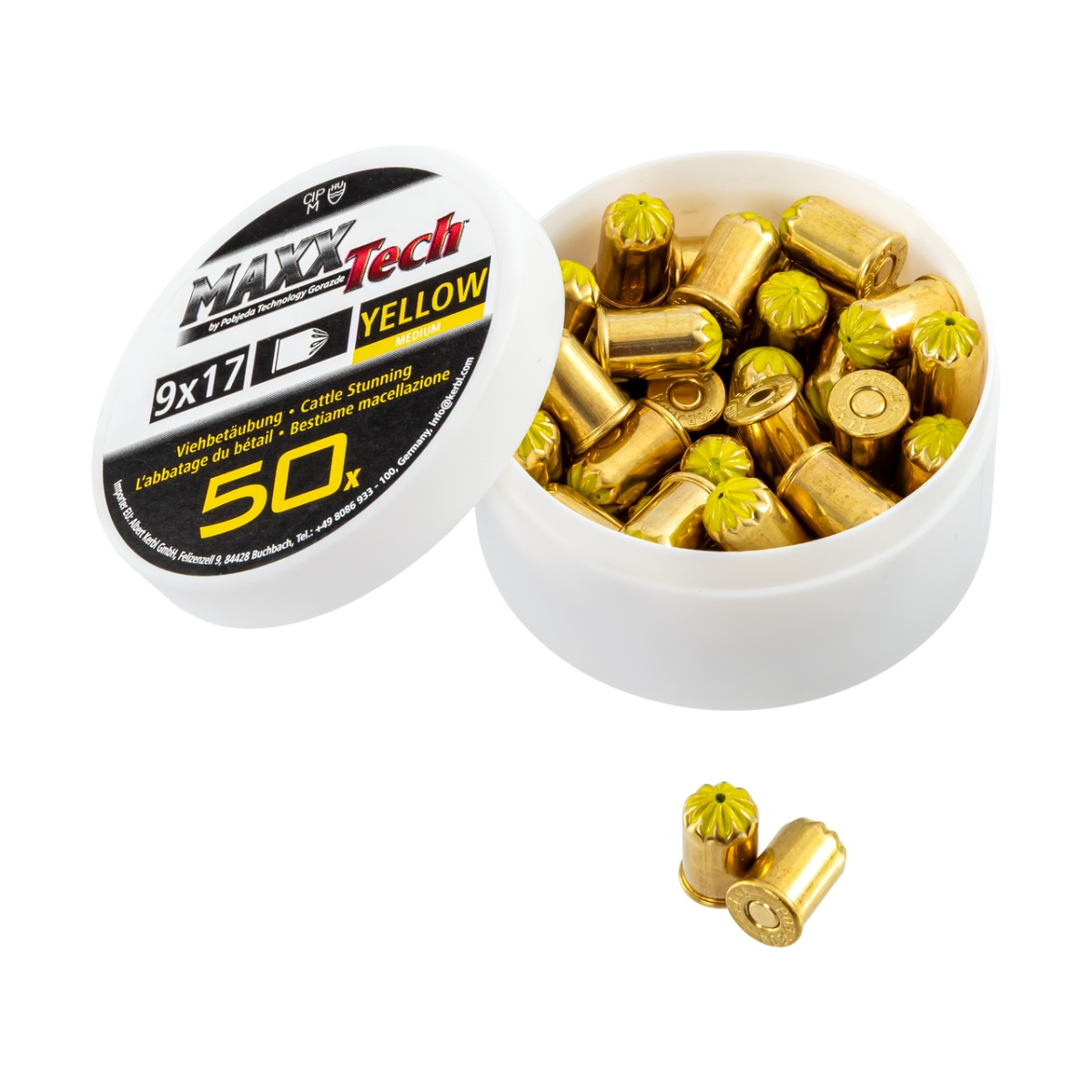 Sárga töltény taglópisztolyhoz, közepes méretű állatok számára. 9 × 17 mm, MaxxTech, 50 db