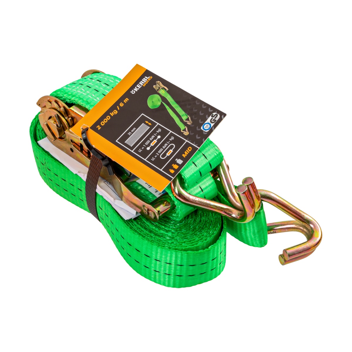 Racsnis rögzítőheveder, zöld, 2000 kg, 35 mm × 6 m