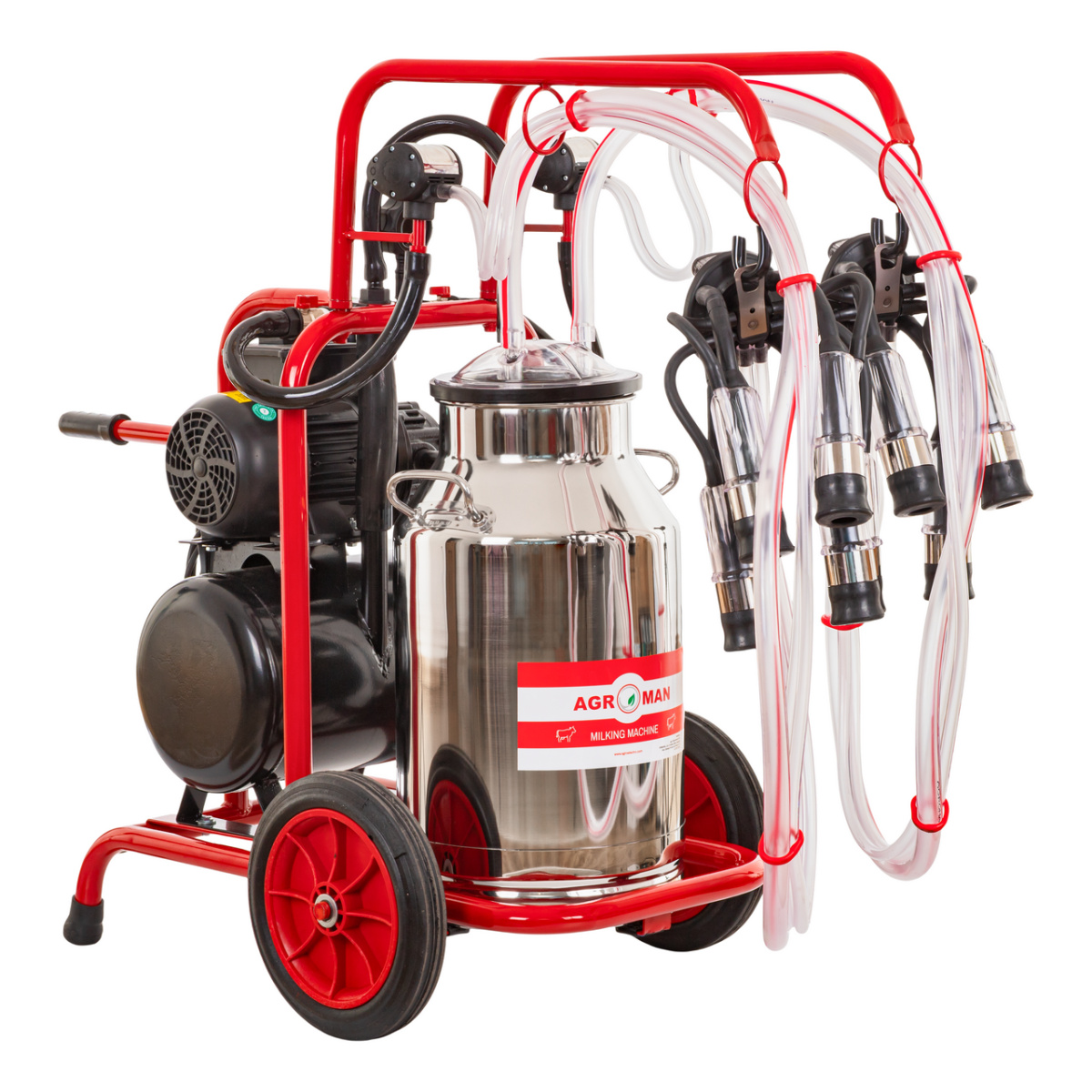 Fejőgép teheneknek, száraz vákuumpumpával, 2 fejőegységgel, 1 inox 40 literes sajtárral
